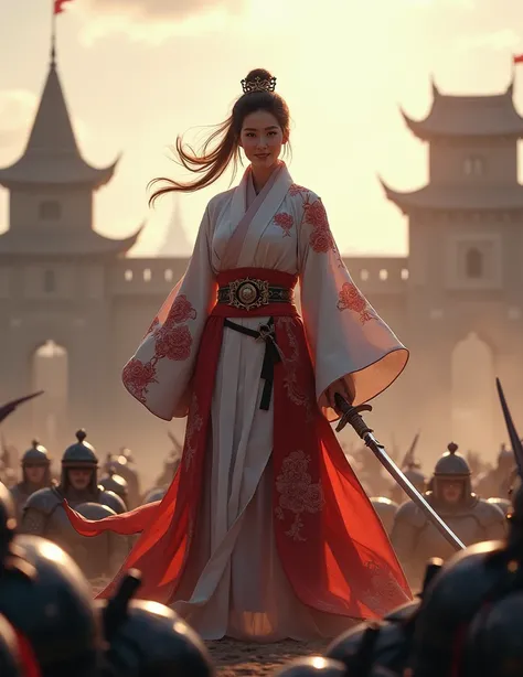 A noble woman ,  in the background a medieval castle,  photorealistic, 2k, Fallen knights in the foreground,  focus woman , Happy woman with katana, Woman wearing Chinese clothes