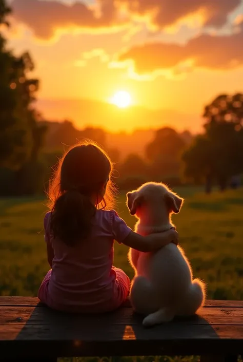 
"A young girl and a small puppy sitting side by side on a rustic wooden bench, their backs facing the camera, as they both gaze at the golden sunset. The girl gently places her hand on the puppy’s head, creating a warm and affectionate moment. The sun cas...