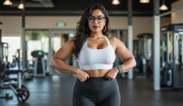 Indian 30 years old woman, curvy figure, beautiful round face, red lips, curly black long hair, wearing white shirts,wearing glass on eyes, wearing black leggings, workout in gym