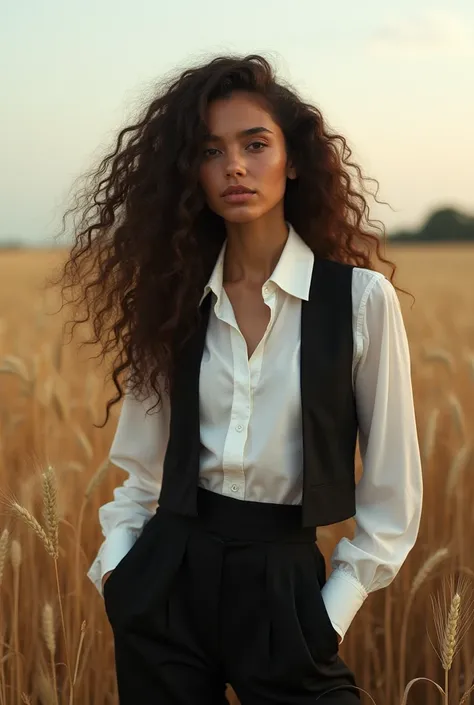 The image features a beautiful young woman with long, curly hair, wearing a white shirt and a black vest. She is standing in a field of tall grass, possibly in a wheat field. The woman appears to be looking off into the distance, possibly admiring the scen...