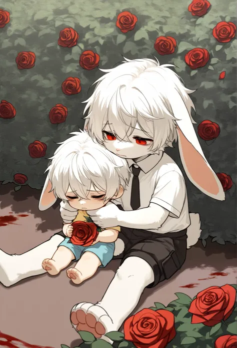 Dwarf rabbit boy ，furry boy with white hair，toddler，Sitting in a rose bush，tie，Short sleeve， shorts，bloody，sad