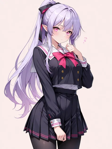 ((masterpiece, best quality, extremely detailed)), 1girl, light purple hair, long hair, ponytail, pink eyes, hair ribbon, vampire, school uniform, black pantyhose, looking at viewer, cowboy shot, no cropping, simple background,