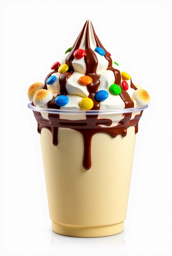 Create me a png image of a realistic sundae ice cream in a transparent Plastic cup with marshmallows, M&M and chocolate syrup. It will be used as a menu list image.