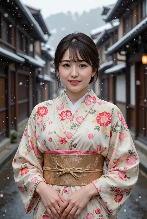 (((full body))), best quality, masterpiece, super high resolution, beautiful Japanese girl, Kind Face, green eyes, kind smile, Curvy Body, big boobs, updo brown hair, Japanese female Cloth Outfit, Japanese kimono, In Old Japanese-style street, snow, night:...