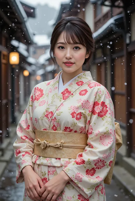 (((full body))), best quality, masterpiece, super high resolution, beautiful Japanese girl, Kind Face, green eyes, kind smile, Curvy Body, big boobs, updo brown hair, Japanese female Cloth Outfit, Japanese kimono, In Old Japanese-style street, snow, night:...