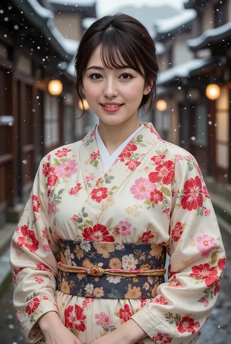 (((full body))), best quality, masterpiece, super high resolution, beautiful Japanese girl, Kind Face, green eyes, kind smile, Curvy Body, big boobs, updo brown hair, Japanese female Cloth Outfit, Japanese kimono, In Old Japanese-style street, snow, night:...