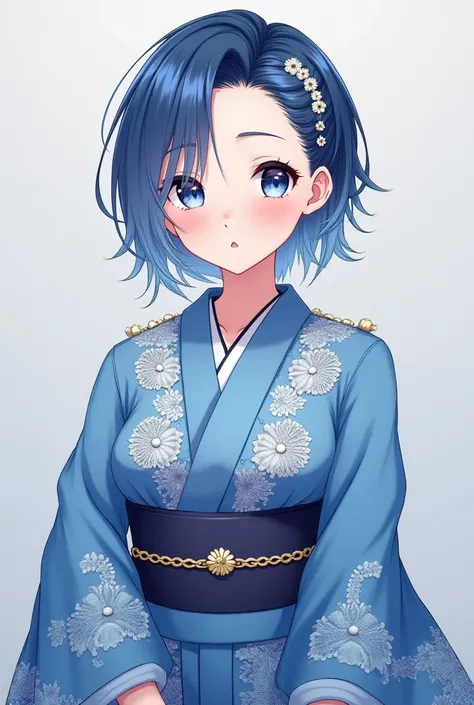 Front-facing standing picture
Anime-style standing picture of a woman whose whole body can be seen 
A gorgeous and luxurious blue kimono
Sheer lace embellishments
Short hair upstyling
blue and silver gradient hair
Breasts are small