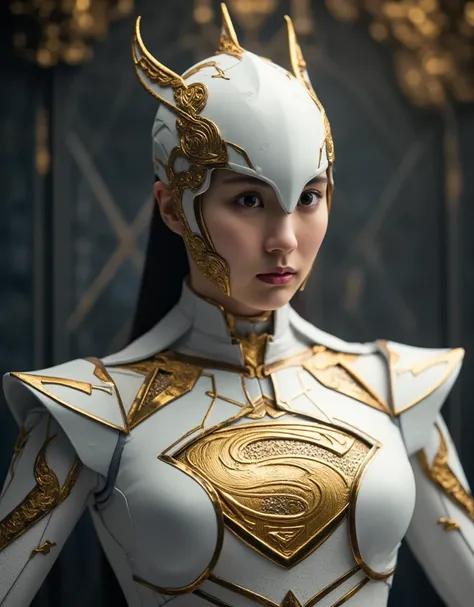 TEST IMAGE. ((best quality)), ((best quality)), Dark moody photorealistic, photorealism, real photography, Photorealistic, high resolution, Supergirl, Woman of tomorrow, woman of steel. A white mech armor with intricate and luxurious gold designs from an a...