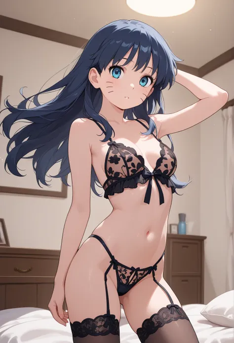 1girl, (uzumaki himawari), dark blue hair, long hair, blue eyes, Whisker Markings, looking at viewer,Wearing a sexy lingerie, bedroom background,