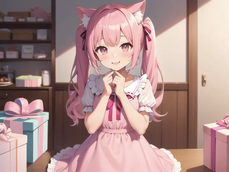 Best quality, high resolution, detailed, beautiful image quality, one girl, cute dress with frills, pink dress, pink hair, long twin tails, cat ears, lolicon feeling, smiling, elbows on table with hands on cheeks, lots of cakes and gift boxes in background...