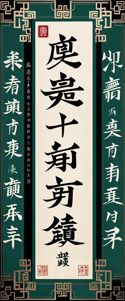 ( Masterpiece, top quality, very detailed,8k wallpaper),抽象的な色のついた Chinese characters,green letters on black, geometric pattern , lively, sharp, straight,  vertical text with small letters ,Old document cover,日本語の Chinese charactersの同義語,日本語の Chinese charact...