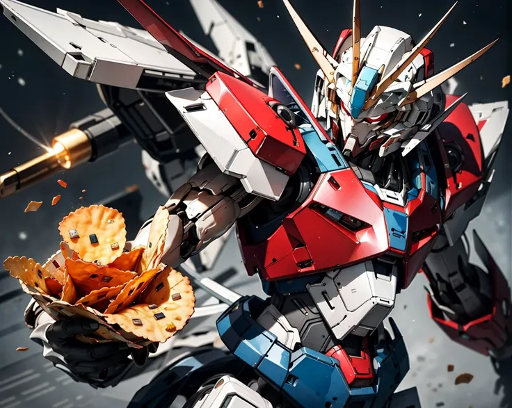 Gundam with blue and red body、Fighting for a bag of chips with a .