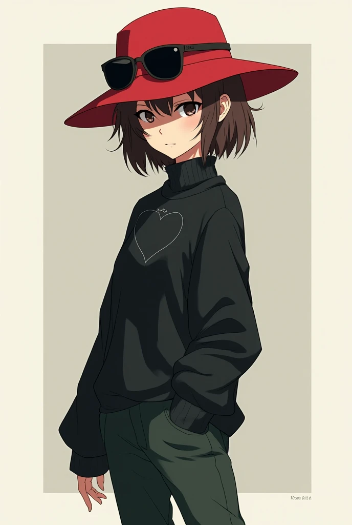 Anime girl wearing red hat short brown hair black lenses over hat black sweater with dark green pants detail and black shoes 