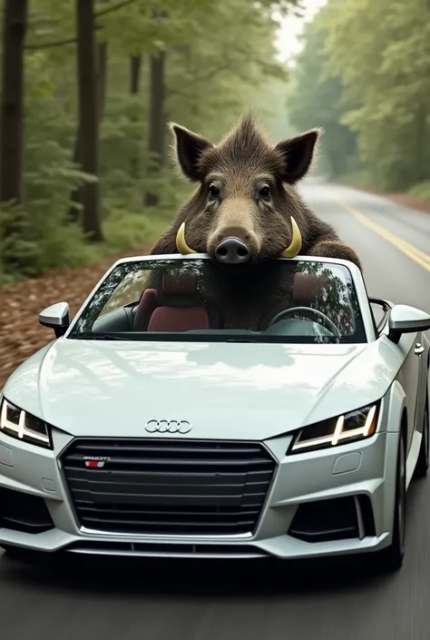 Wild boar driving a white Audi TT convertible 
