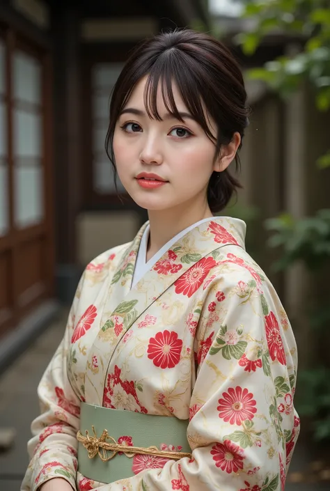 best quality, masterpiece, super high resolution, beautiful Japanese girl, Kind Face, green eyes, kind smile, Curvy Body, big boobs, updo brown hair, Japanese female Cloth Outfit, Japanese kimono, In Old Japanese-style Room, night:1.2,
