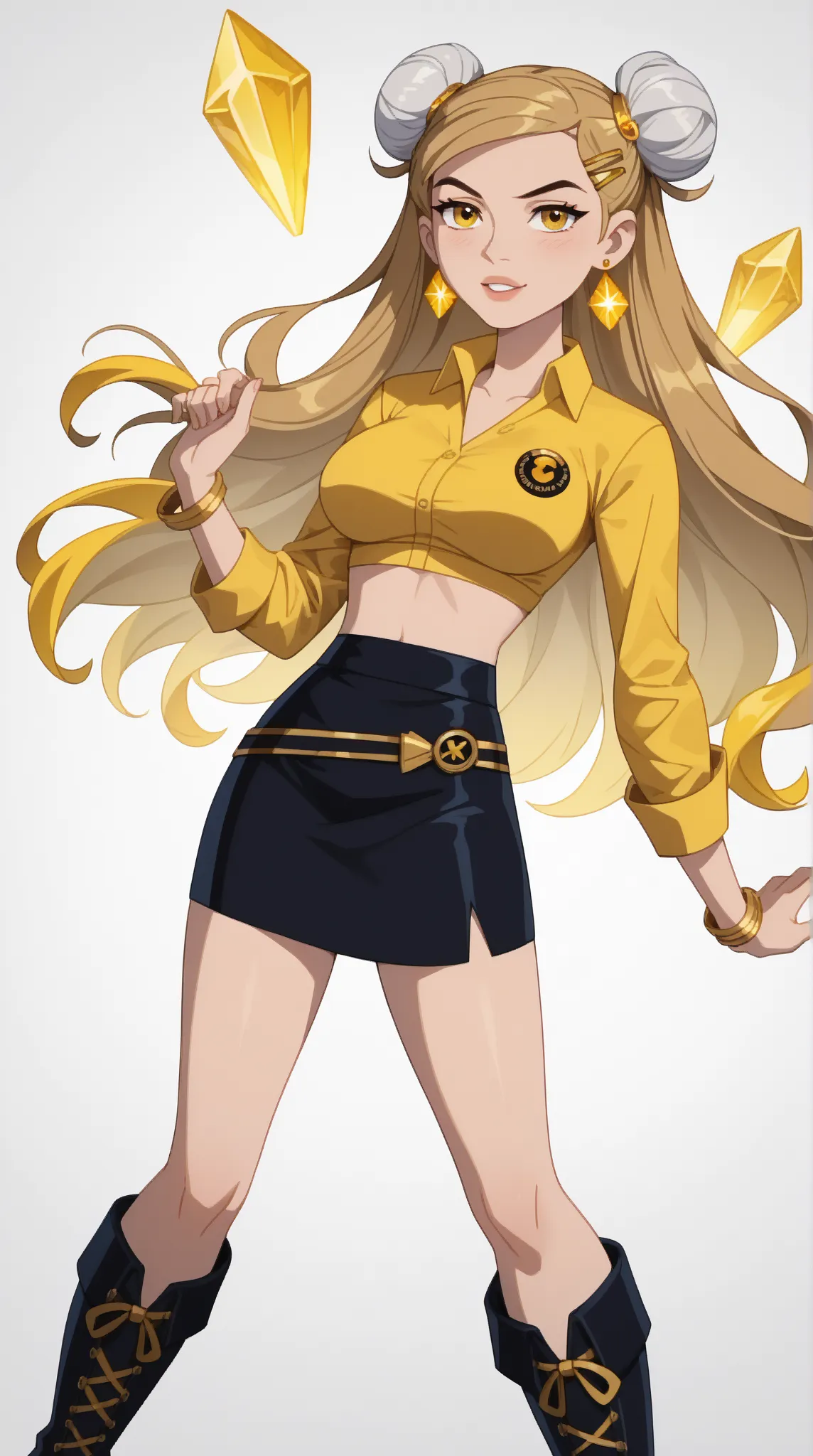 Genevieve "Gen" Tennyson (Gen 10)

Theme Color: Yellow

Hairstyle: Twin buns, with loose strands framing her face

Eye Color: Bright golden-yellow

Hair Color: Light brown with golden highlights

Skin Tone: Fair

Outfit:

A fitted yellow long-sleeve top wi...