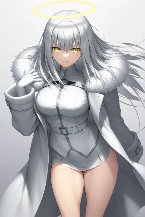  Jeanne Horta、 best thighs、Fate、Halo、 beautiful skin、Clear shadows、front、 long coat、 gray hair、 yellow eyes