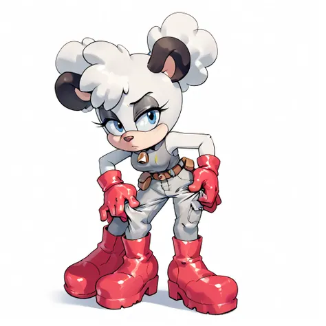 Barby the koala, anthro koala, short hair, blue eyes, (animal ears, black ears), white hair, boots, belt, knee boots, red footwear, furry, red gloves, white body fur, red boots, pouch, two-tone fur, grey eyeshadow,dressing socks, adjusting legwear