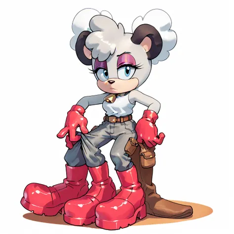 Barby the koala, anthro koala, short hair, blue eyes, (animal ears, black ears), white hair, boots, belt, knee boots, red footwear, furry, red gloves, white body fur, red boots, pouch, two-tone fur, grey eyeshadow,dressing socks, adjusting legwear