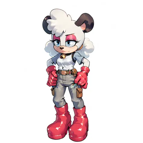 Barby the koala, anthro koala, short hair, blue eyes, (animal ears, black ears), white hair, boots, belt, knee boots, red footwear, furry, red gloves, white body fur, red boots, pouch, two-tone fur, grey eyeshadow,dressing socks, adjusting legwear