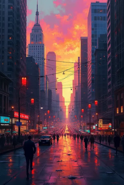 Urban Dreamscape.” In this digital painting, you’ll depict a bustling cityscape at dusk where vibrant, contrasting colors blend with dynamic lines to convey the constant movement of urban life. The layered textures will give depth to the city’s architectur...