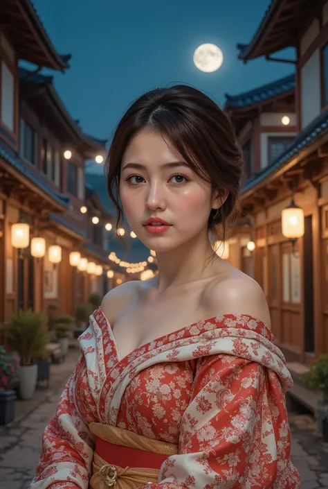 (((full body))), (((full body shot))), best quality, masterpiece, super high resolution, beautiful Japanese girl, Kind Face, green eyes, kind smile, Curvy Body, big boobs, updo brown hair, Japanese female Cloth Outfit, Japanese kimono, (((off shoulders:1.5...