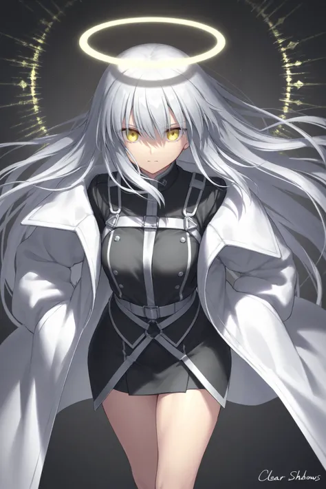  Jeanne Horta、 best thighs、Fate、Halo、 beautiful skin、Clear shadows、front、 long coat、 gray hair、 yellow eyes、 M lettering