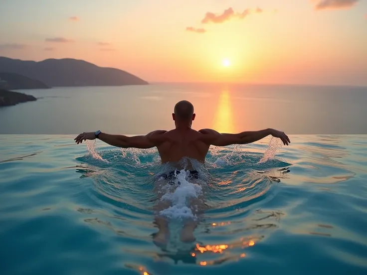 A stunning infinity pool on top of a skys rapper's hotel overlooking the ocean at sunset. A muscular middle-aged man is swimming in the butterfly stroke, his powerful movements creating ripples in the water. The golden hour light casts a warm, luminescent ...