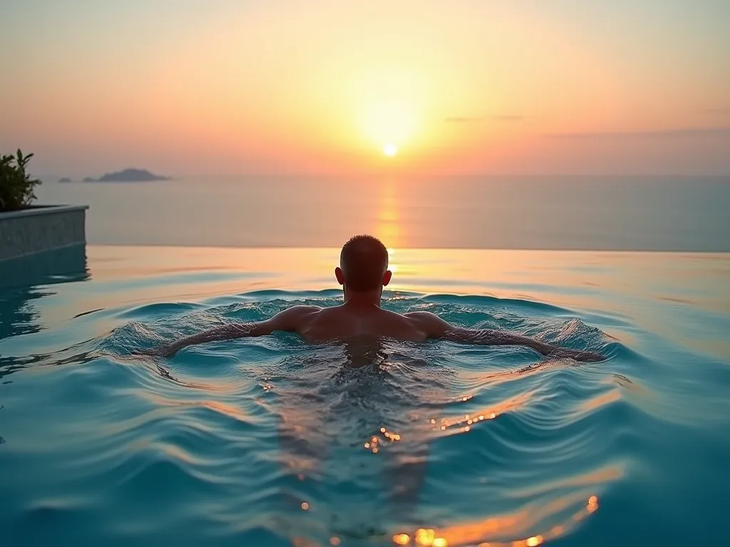 A stunning infinity pool on top of a skys rapper's hotel overlooking the ocean at sunset. A muscular middle-aged man is swimming in the butterfly stroke, his powerful movements creating ripples in the water. The golden hour light casts a warm, luminescent ...