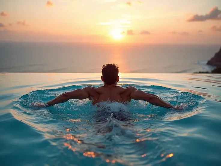 A stunning infinity pool on top of a skys rapper's hotel overlooking the ocean at sunset. A muscular middle-aged man is swimming in the butterfly stroke, his powerful movements creating ripples in the water. The golden hour light casts a warm, luminescent ...