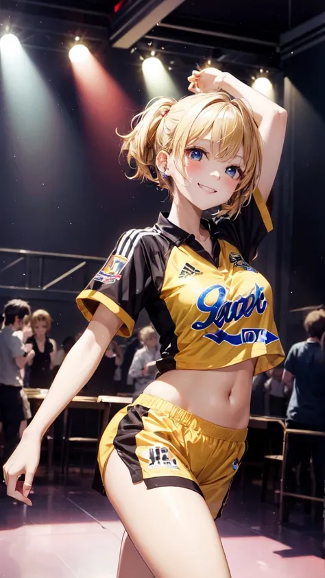  girls are dancing in the dance hall of the club, And she dances in her jersey，Yellow Shorthair ，Smiling.

