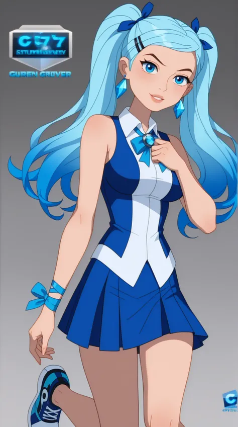 Guinevere "Guin" Tennyson (Guin 10)

Theme Color: Blue

Hairstyle: Twin high ponytails with flowing strands and blue ribbons

Eye Color: Sky blue

Hair Color: Dark brown with blue streaks

Skin Tone: Slightly tan

Outfit:

A fitted blue sleeveless top with...