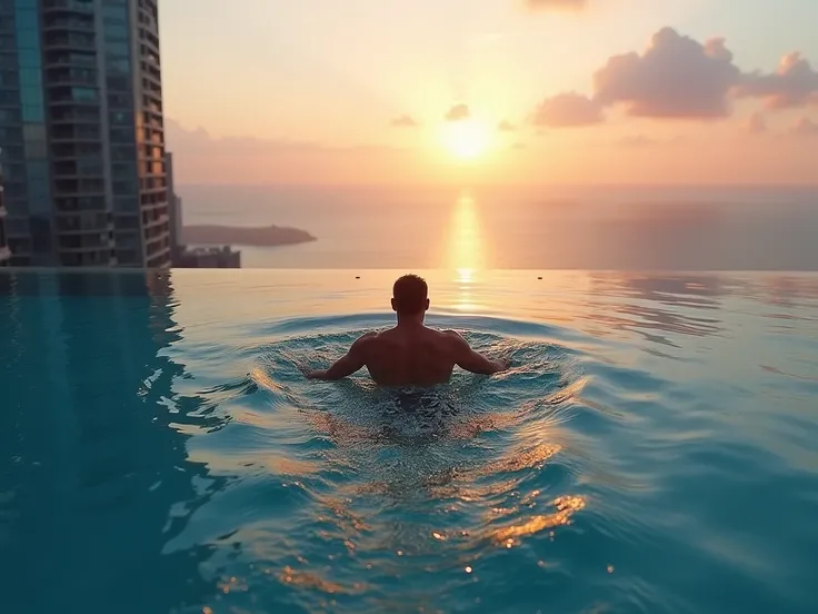 A stunning infinity pool on top of a sky scrapper's hotel overlooking the ocean at sunset. A muscular middle-aged man is swimming in the butterfly stroke, his powerful movements creating ripples in the water. The golden hour light casts a warm, luminescent...