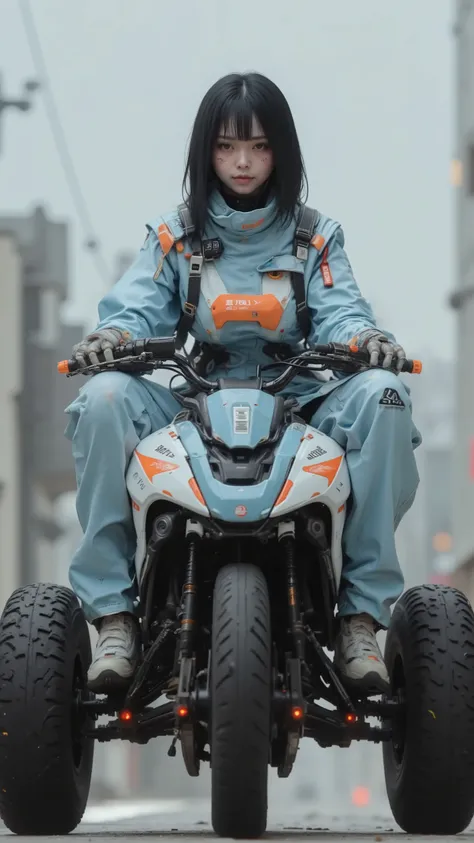  live action 、Genuine、 Modified Quad Bike、Changes to off-road tires 、 rocket engines on both sides、Futuristic Parts 、 beautiful Japanese female pilot 、 light blue and orange pilot suits 、 high-top technology sneakers、  black hair、 shortcut 、 anatomically c...