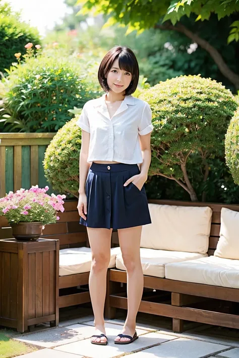 35-year-old Japanese woman with small breasts and short black hair、Open chest shirt and hot pants、garden、Full body