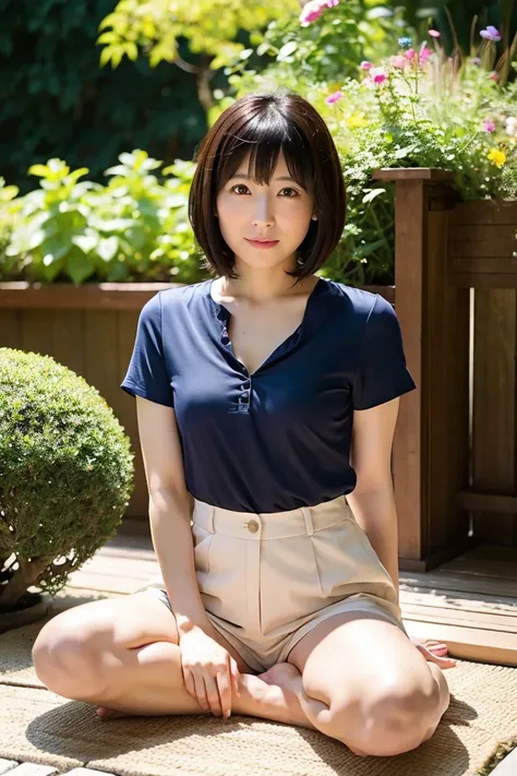 35-year-old Japanese woman with small breasts and short black hair、Open chest shirt and hot pants、garden、Full body