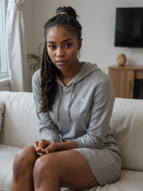 African black woman, very dark ebony skin, Happy, dreadlocks chignon, Fitness musclular body, Grey hoodie dress, sitting on the couch, close-up portrait, from face 