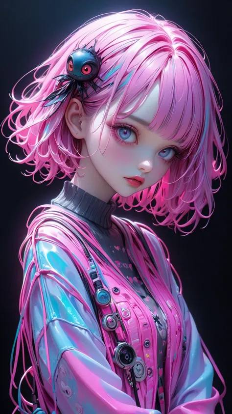  Tim Burton Style、  girl、 neon、 extremely realistic 、 pink、