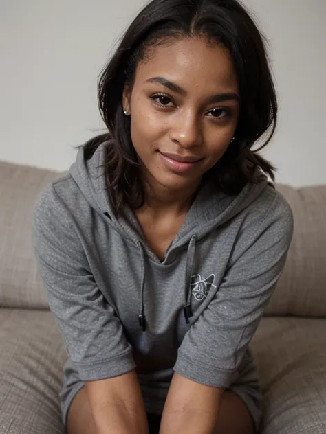 African black woman, very dark ebony skin, Happy, dreadlocks chignon, Fitness musclular body, Grey hoodie dress, sitting on the couch, close-up portrait, from face 