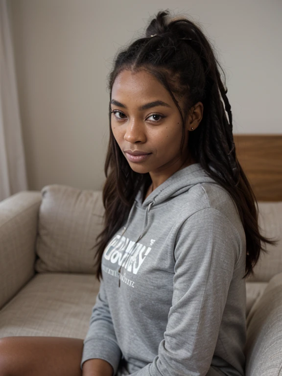 African black woman, very dark ebony skin, Happy, dreadlocks chignon, Fitness musclular body, Grey hoodie dress, sitting on the couch, close-up portrait, from face 