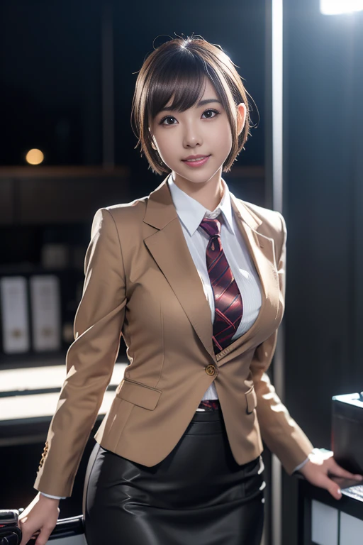 (8k, RAW photo, photorealistic, HQ, masterpiece), a cute Japanese woman, (glowing eyes), 
(smile), brown hair, fluffy Pixie Bob hair, (business suit, jacket suit, Pencil Skirt, Tight skirt, 
skirt suit), (background Large office),
blurred background, depth...