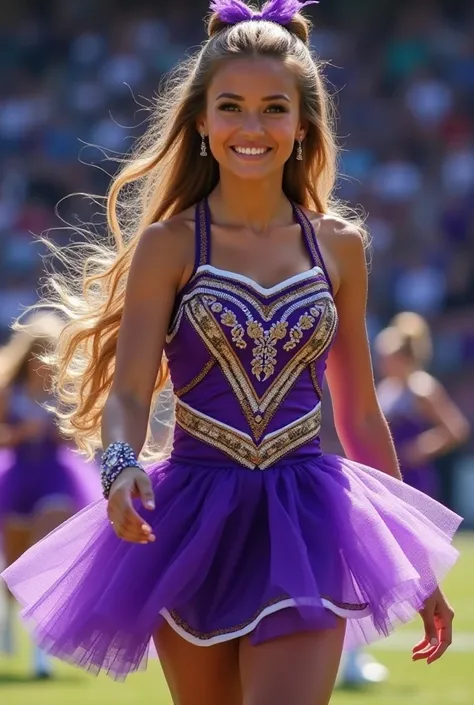  create a purple cheerleaders' dress,  details mixed with the color white, with gold details and tulle sleeve 