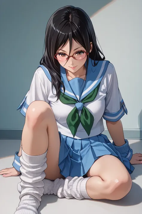 (inspired by Asuka Tanaka ),((inspired by Japanese school girl))(masterpiece, best quality),beautiful, ultra realistic, beautiful-woman, ((detailed face)).(full body:1.3)., The woman is wearing school uniform and loose socks,(loose socks:1.5),,she is weari...