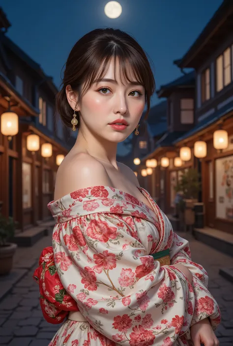 (((full body))), (((full body shot))), best quality, masterpiece, super high resolution, beautiful Japanese girl, Kind Face, green eyes, kind smile, Curvy Body, big boobs, updo brown hair, Japanese female Cloth Outfit, Japanese kimono, (((off shoulders:1.5...