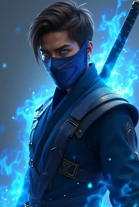  Make a hyper realistic male character from Mortal Kombat 11 ,  seen half as he is a blue ninja whose power is blue fire,  he releases blue flames and has a katana , Do you have a mask , his hair is short SMOOTH light brown , with a small fringe , And his ...