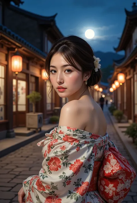 (((full body))), (((full body shot))), best quality, masterpiece, super high resolution, beautiful Japanese girl, Kind Face, green eyes, kind smile, Curvy Body, big boobs, updo brown hair, Japanese female Cloth Outfit, Japanese kimono, (((off shoulders:1.5...