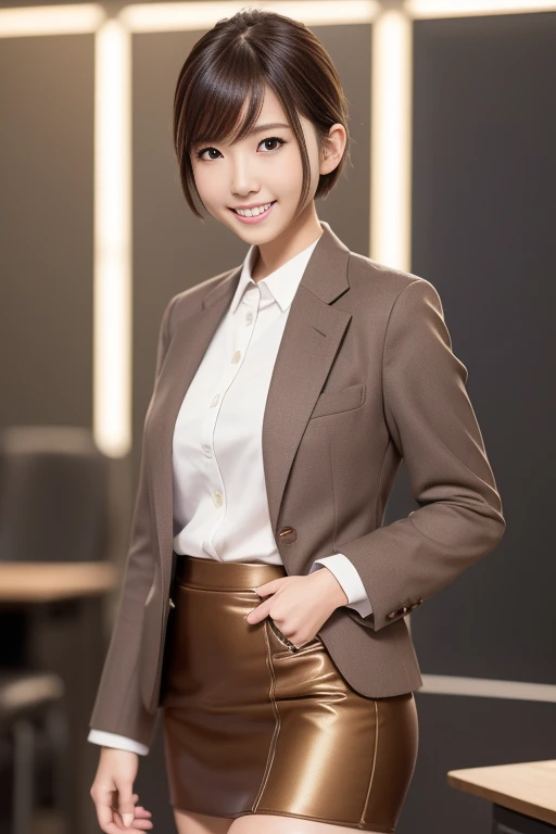 (8k, RAW photo, photorealistic, HQ, masterpiece), a cute Japanese woman, (glowing eyes), 
(smile), brown hair, fluffy Pixie Bob hair, (business suit, jacket suit, Pencil Skirt, Tight skirt, 
skirt suit), (background Large office),
blurred background, depth...