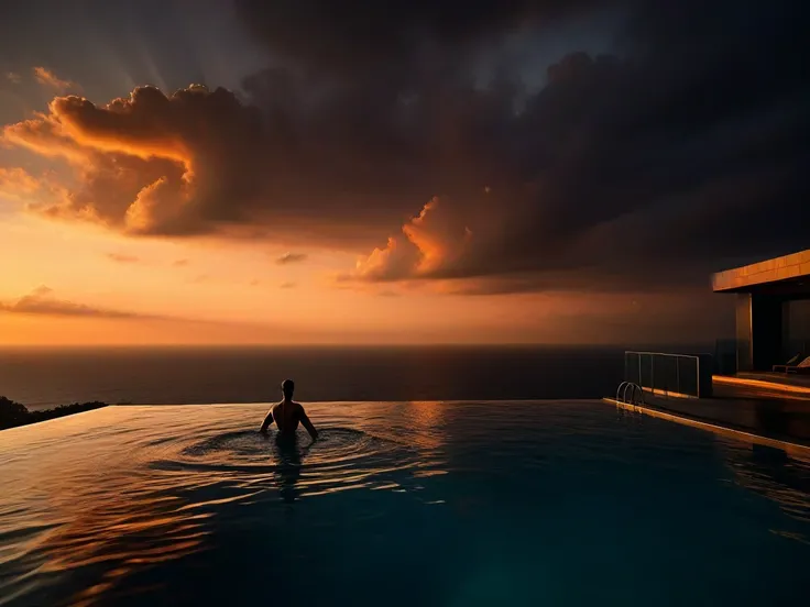 A stunning infinity pool on top of a sky scrapper's hotel overlooking the ocean at sunset. A muscular middle-aged man is swimming in the butterfly stroke, his powerful movements creating ripples in the water. The golden hour light casts a warm, luminescent...