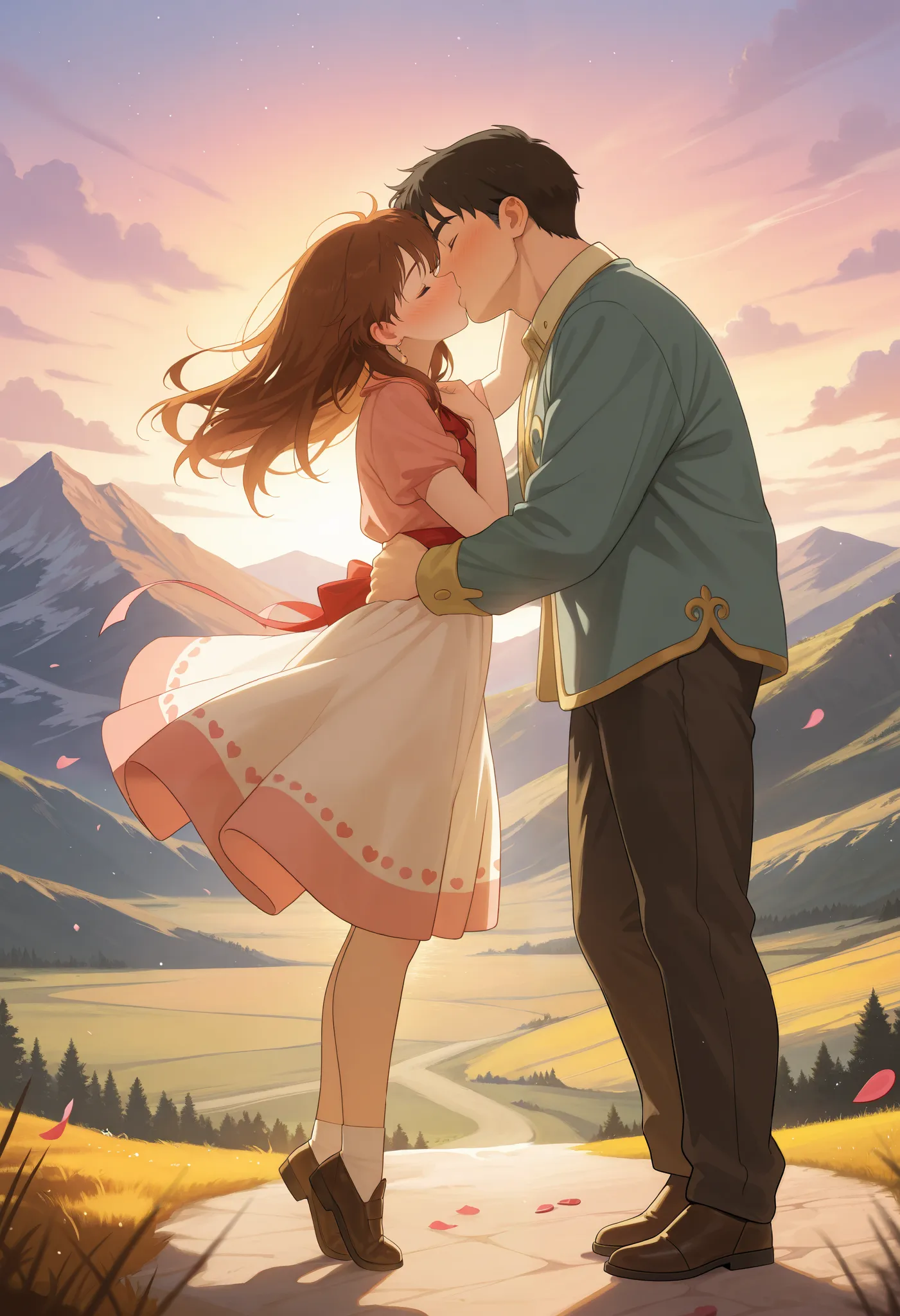 Studio Ghibli style, romantic couple, tall man, petite girl, kissing, Valentine's Day, standing on tiptoes, gentle caresses, emotional expressions, soft blush, warm atmosphere, love confession, mountain landscape, breathtaking scenery, wind blowing through...