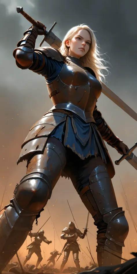 1 female warrior, realistic details of slender body, realistic details of face, (realistic details of rusty armor:1.3), carrying a large rusty sword, (realistic details of the battlefield:1.3), fighting pose, from below, High Details, 